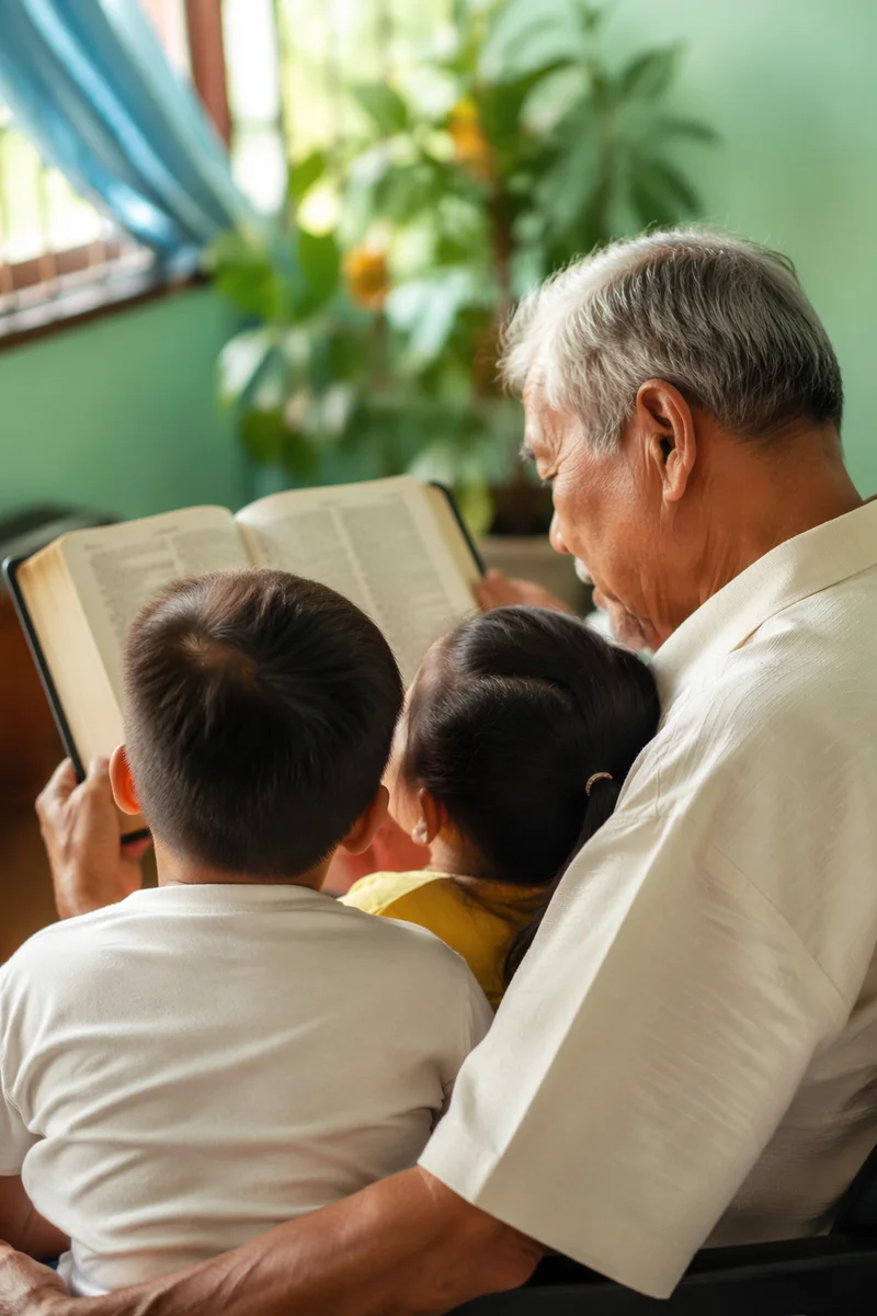 Grandfather Reading Bible Story to Grandchildren