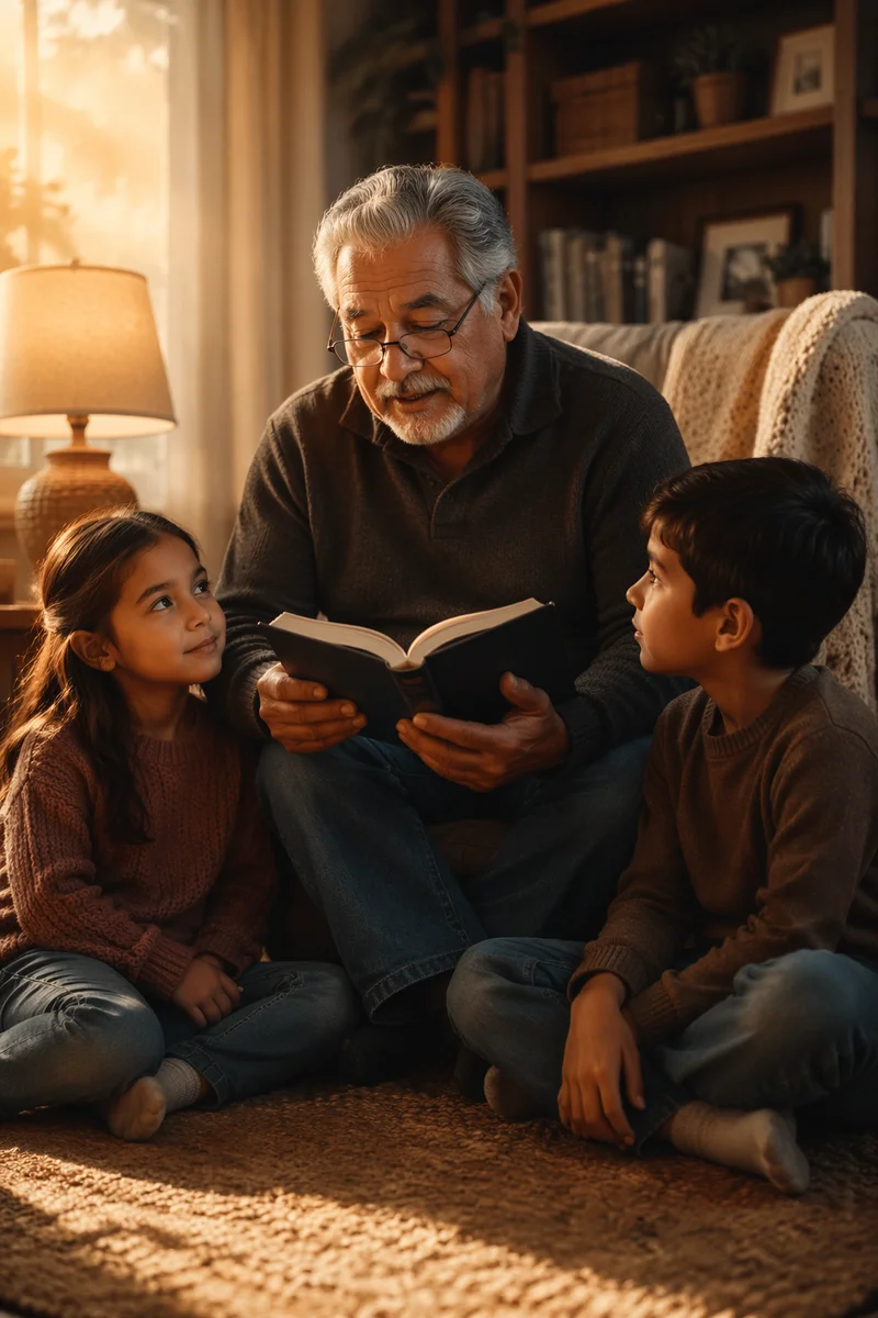 Grandfather Reading Story Bible to Grandchildren