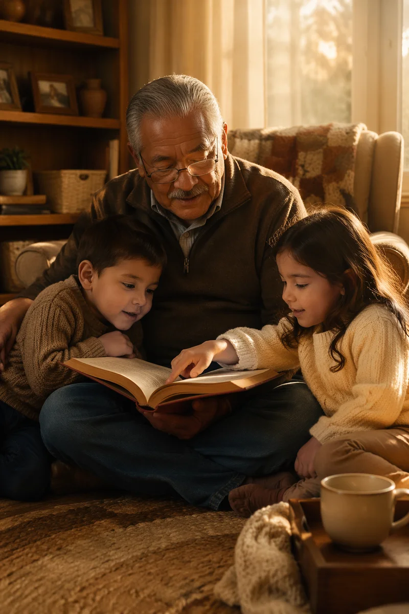 Grandfather Reading Storybook with Grandchildren