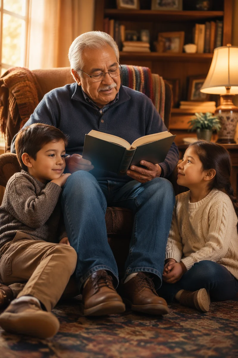 Grandfather Reading to Grandchildren in Living Room