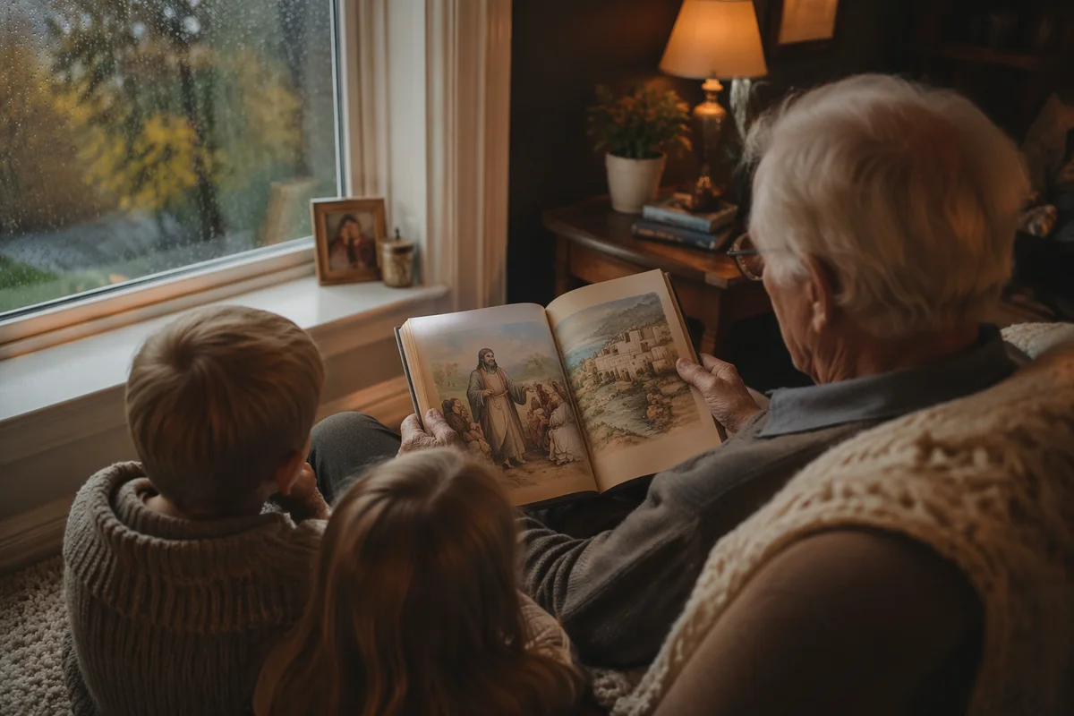 Grandfather Reading Bible Story to Grandchildren