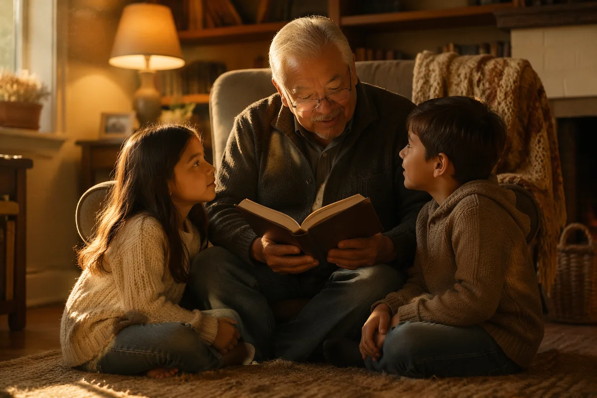 Grandfather Reading to Grandchildren at Sunset