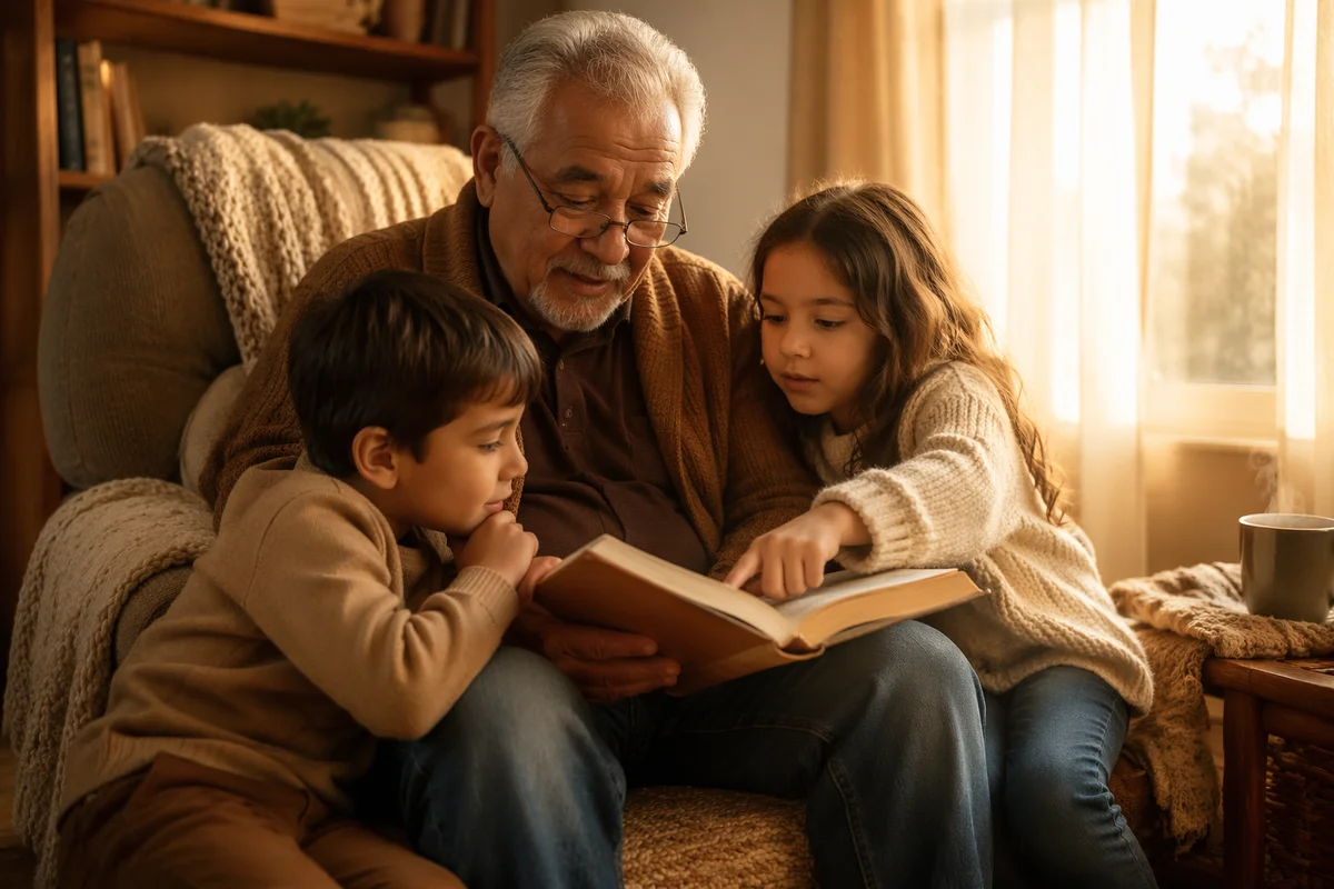 Grandfather Reading Storybook with Grandchildren