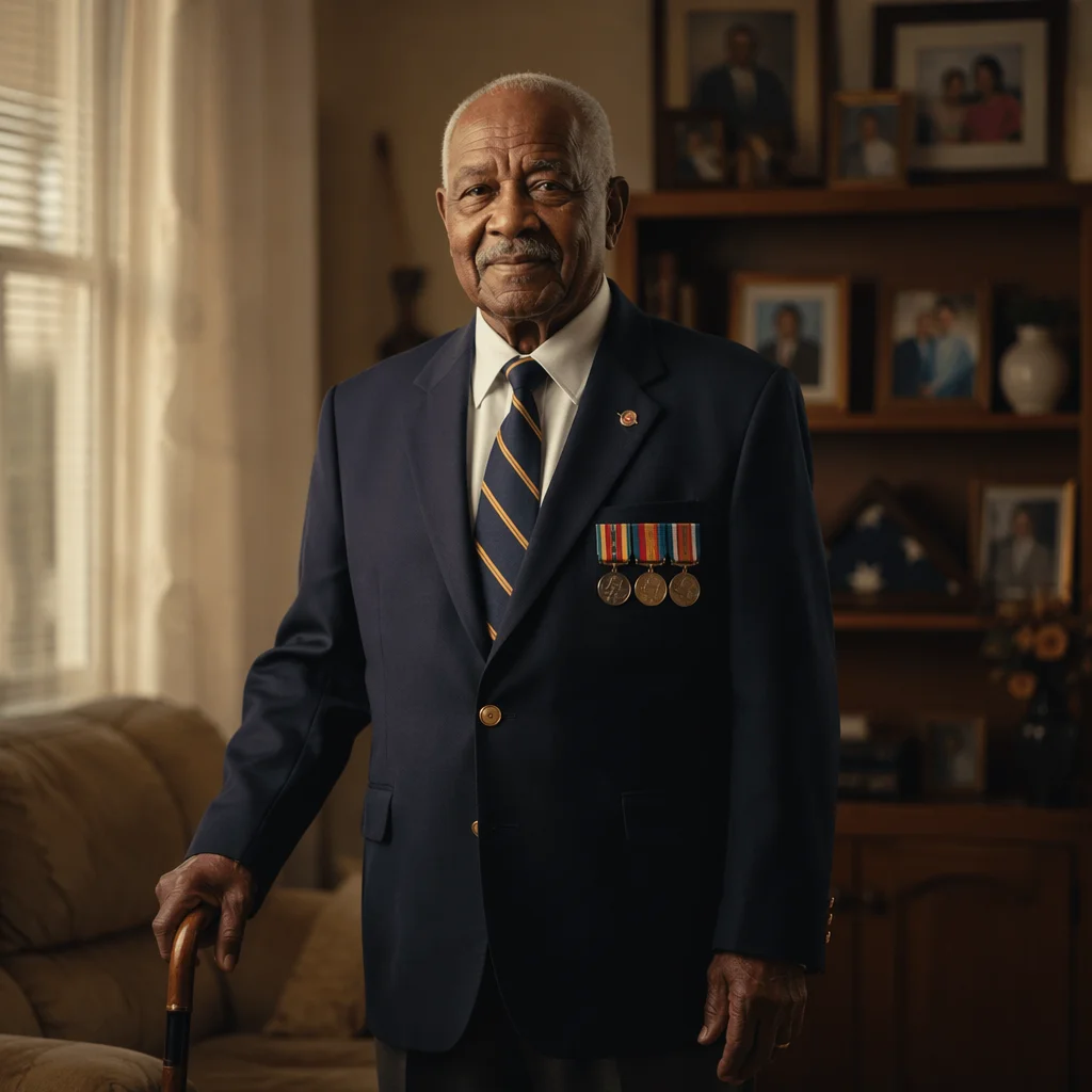 Proud Elderly Veteran in Sunlit Living Room