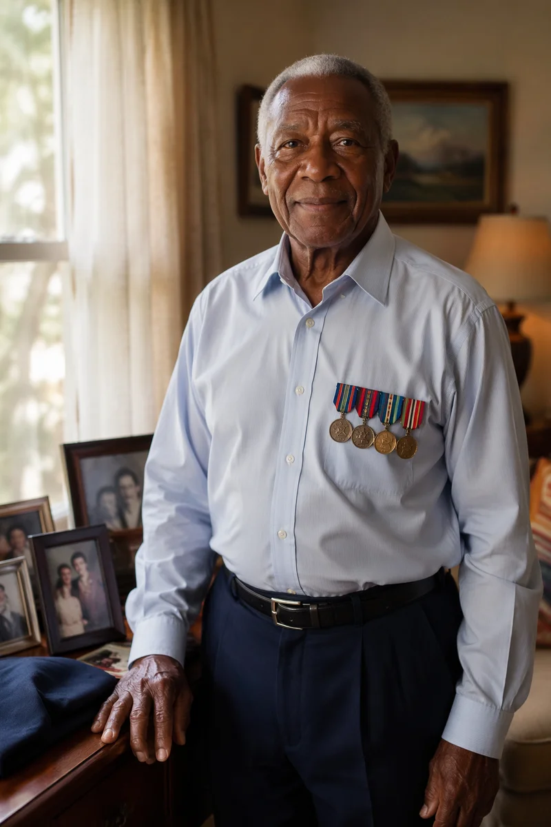 Dignified Elderly Veteran in Sunlit Living Room