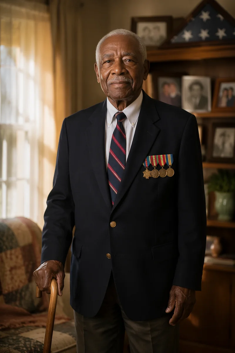 Proud Elderly Veteran in Sunlit Living Room