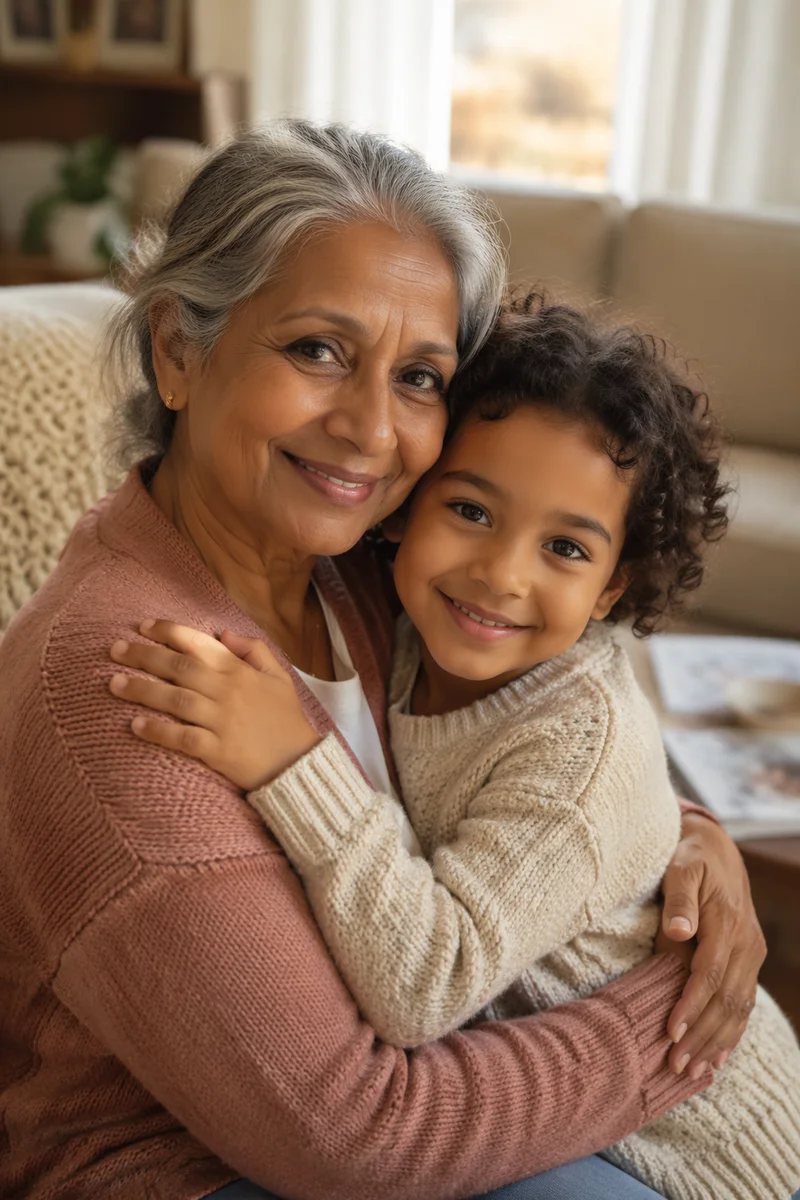 Grandmother Hugging Grandchild in Sunlit Living Room