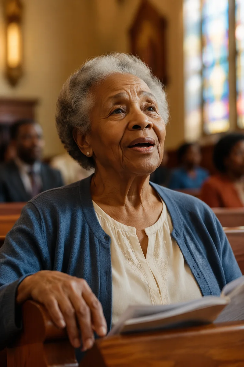 Elderly Woman Singing in Church Pew