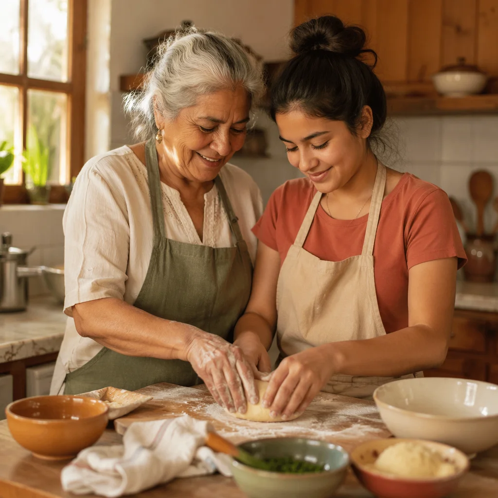 Grandmother Teaching Granddaughter to Shape Dough