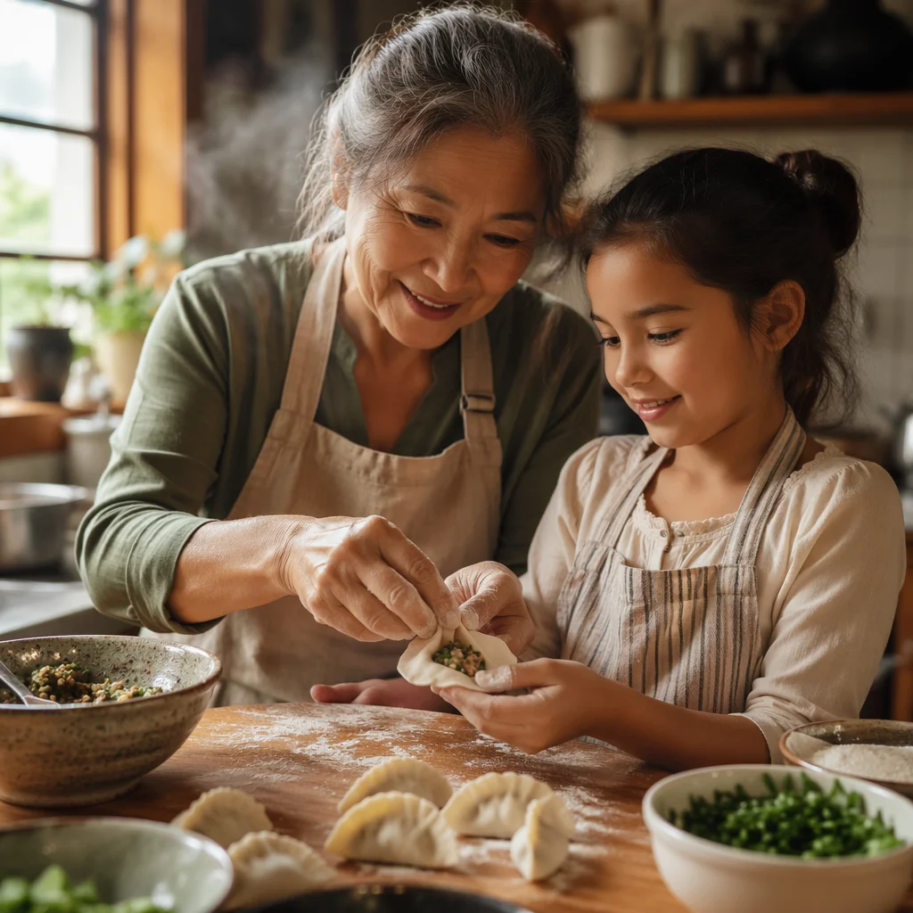 Grandmother Teaching Dumpling Folding in Kitchen