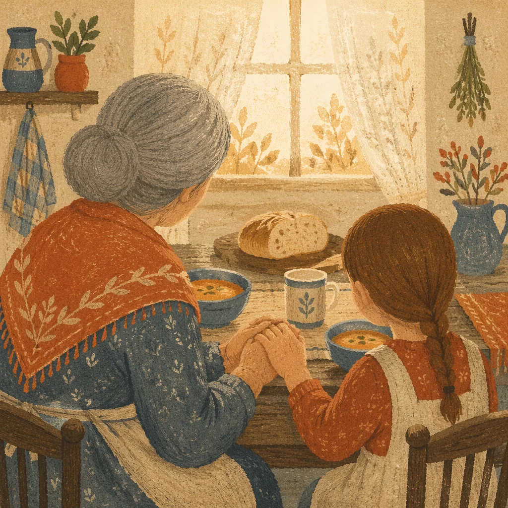 Grandmother Teaching Grandchild Prayer at Table
