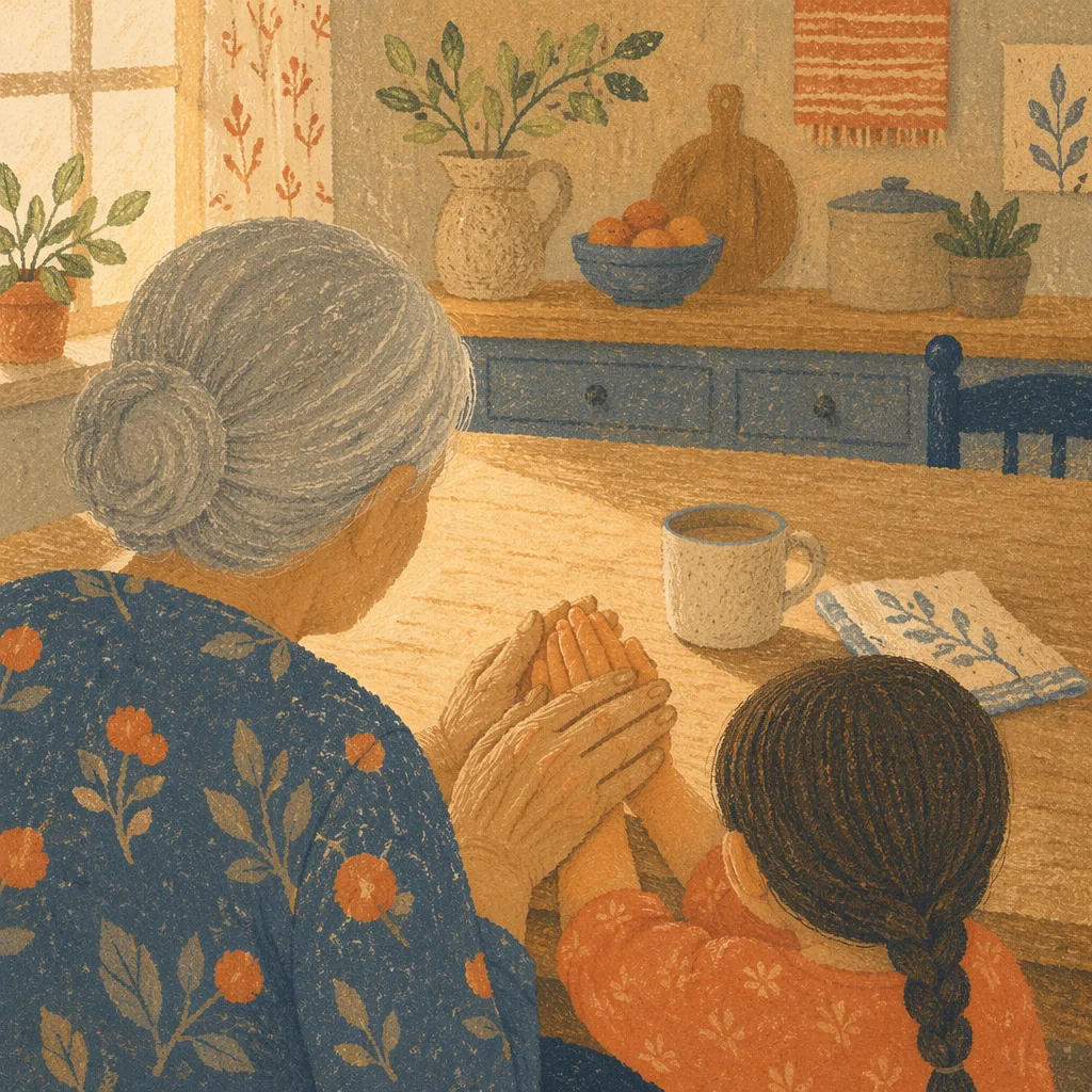 Grandmother Teaching Child Morning Prayer