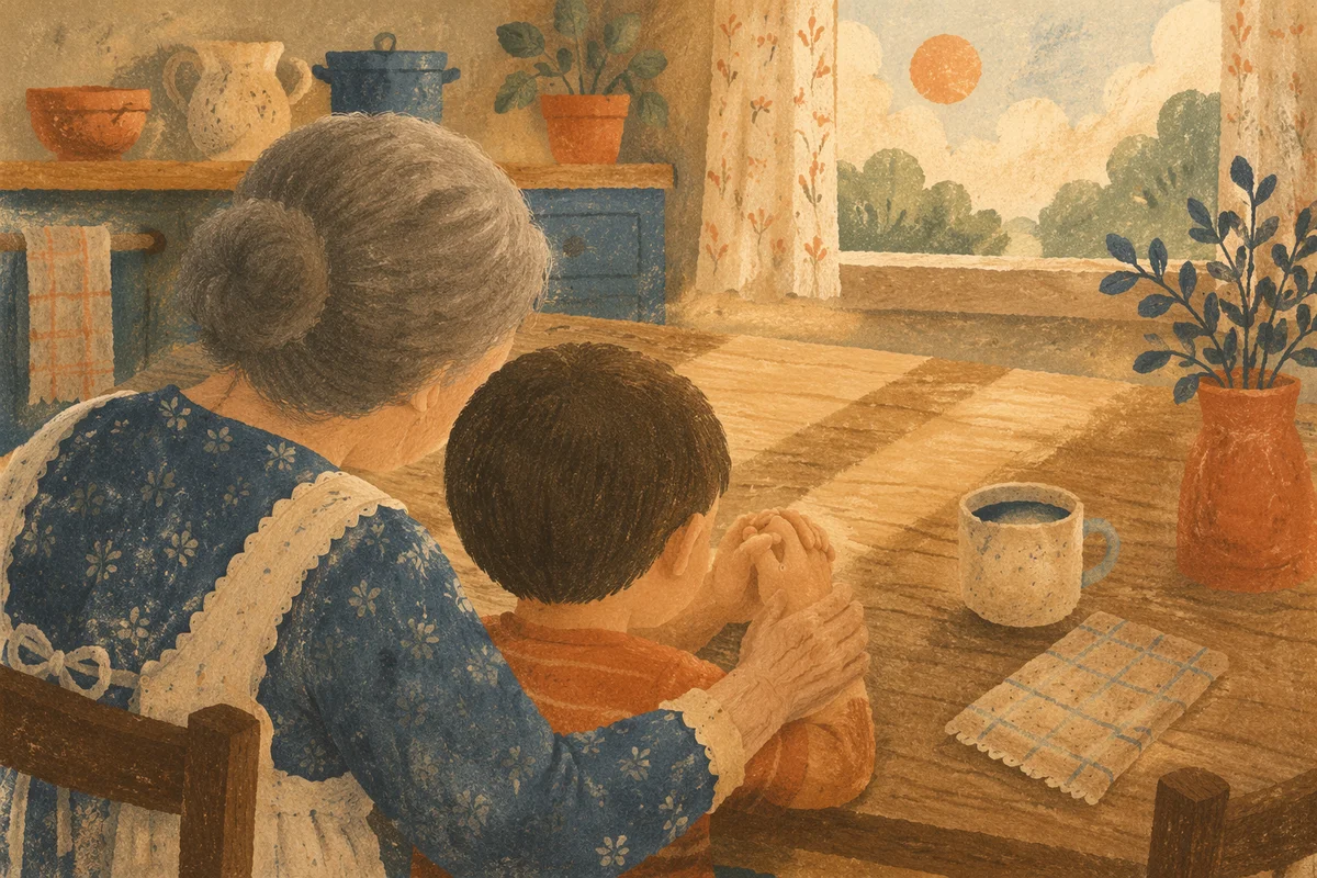 Grandmother Teaching Grandchild to Pray at Table