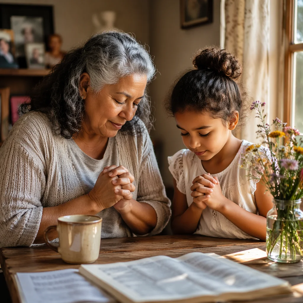 Grandmother and Child Praying by Window