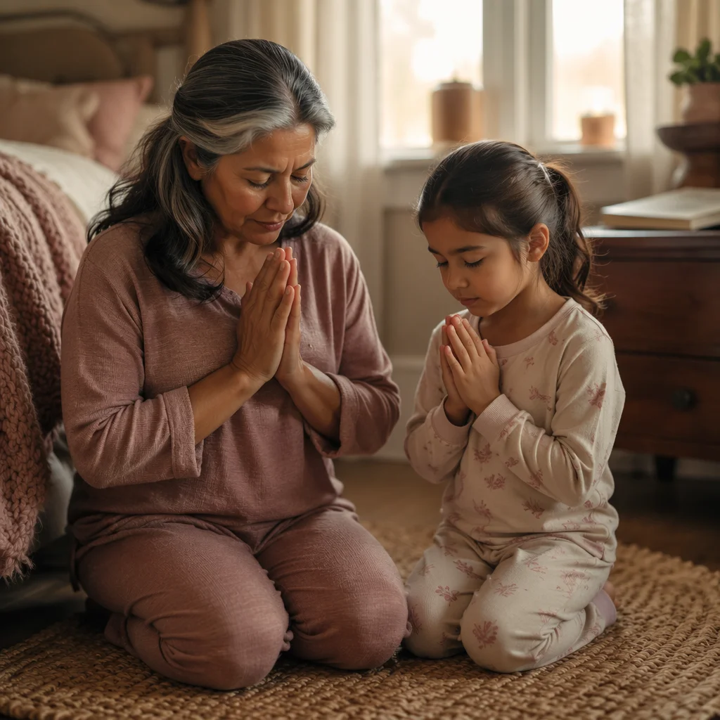 Grandmother and Grandchild Praying by Window