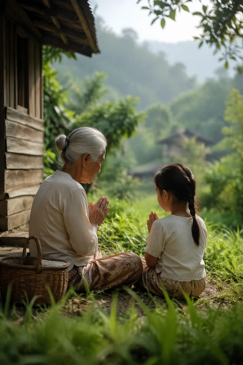 Grandmother Teaching Grandchild Prayer Outdoors