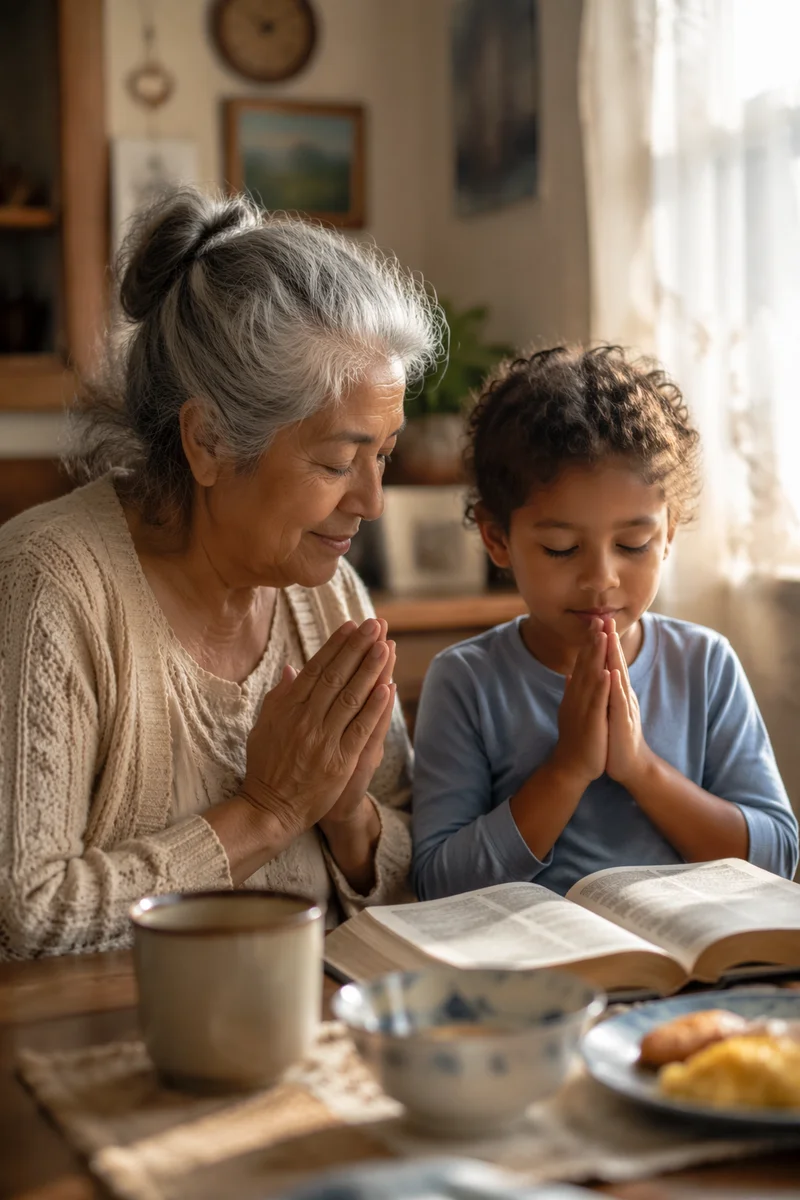 Grandmother Teaching Grandchild to Pray at Home