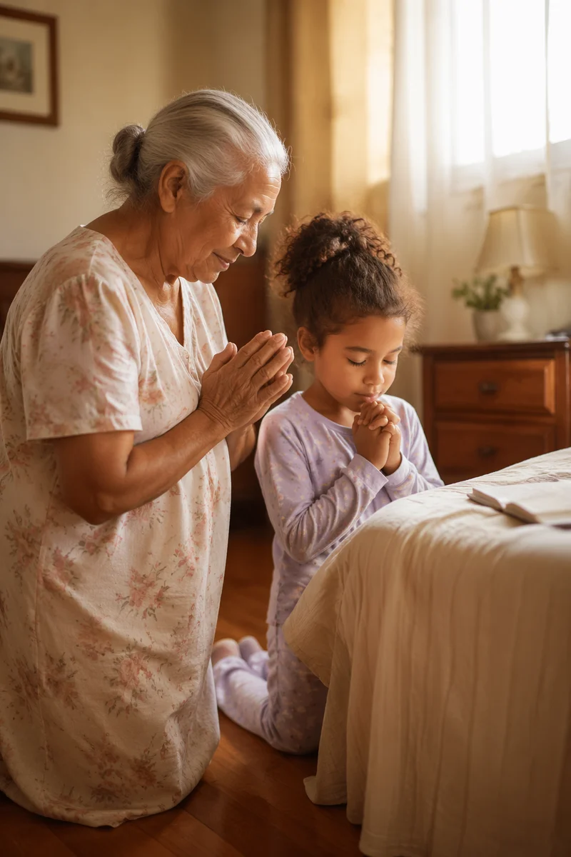 Grandmother and Child Praying by Bedside