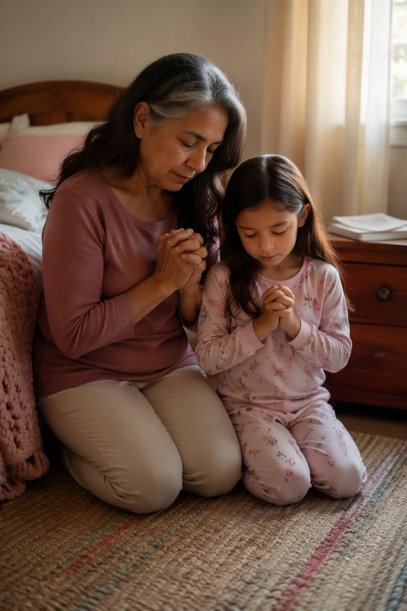 Grandmother and Grandchild Praying by Window