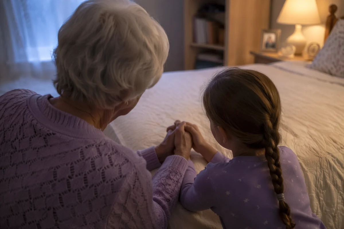 Grandmother Guiding Grandchild in Evening Prayer