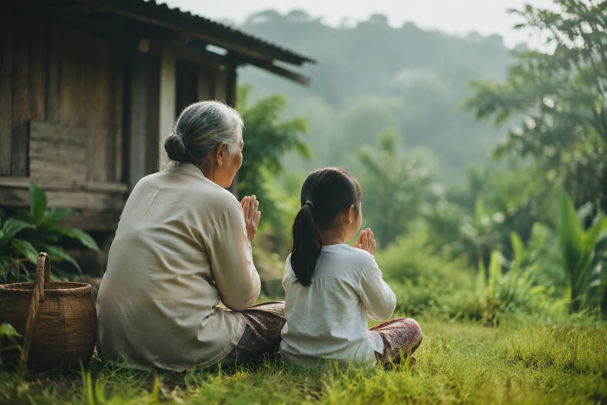 Grandmother Teaching Grandchild Prayer Outdoors