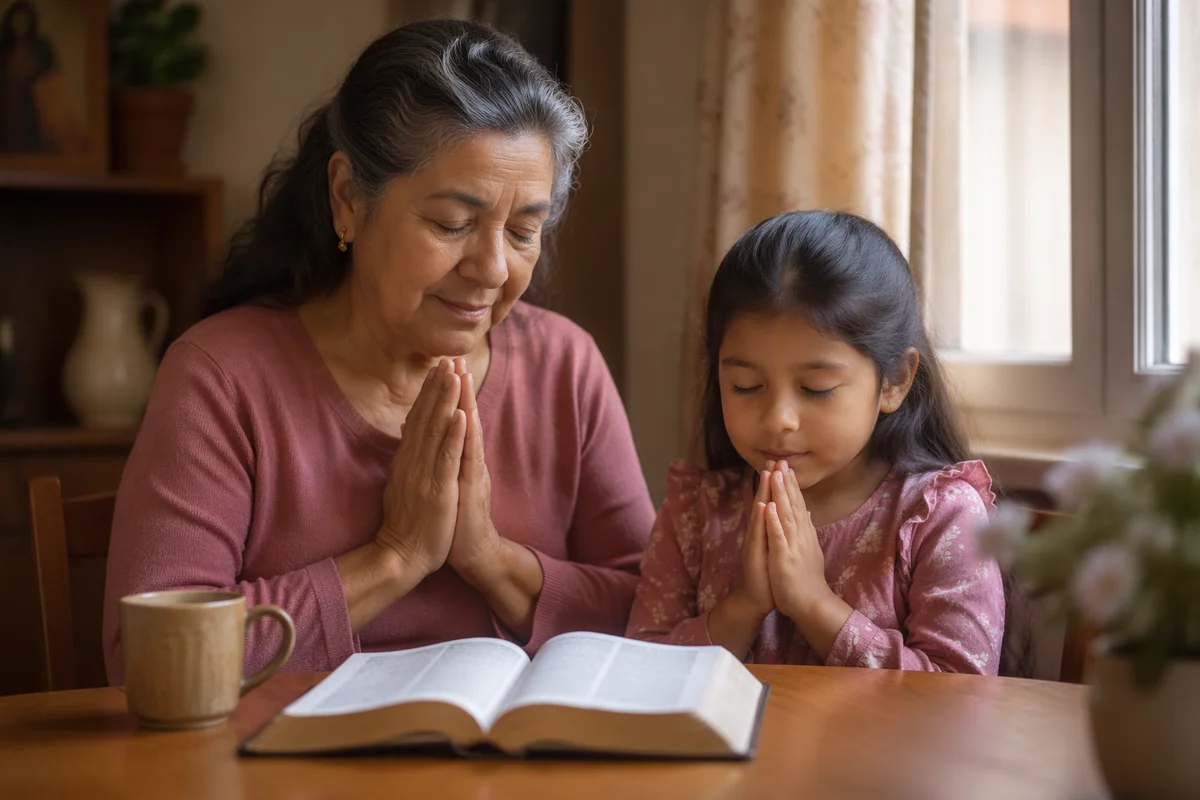 Grandmother and Granddaughter Praying by Window