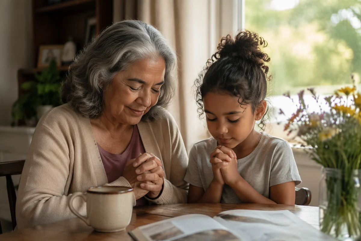 Grandmother and Grandchild Praying by Window
