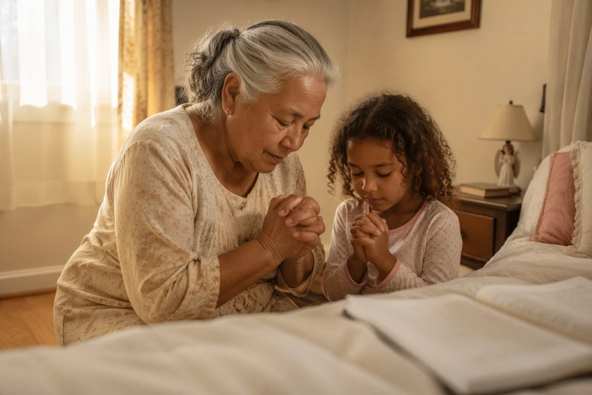 Grandmother and Child Praying at Bedside