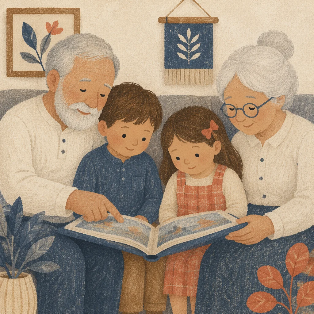 Grandparents Reading Picture Book with Grandchildren