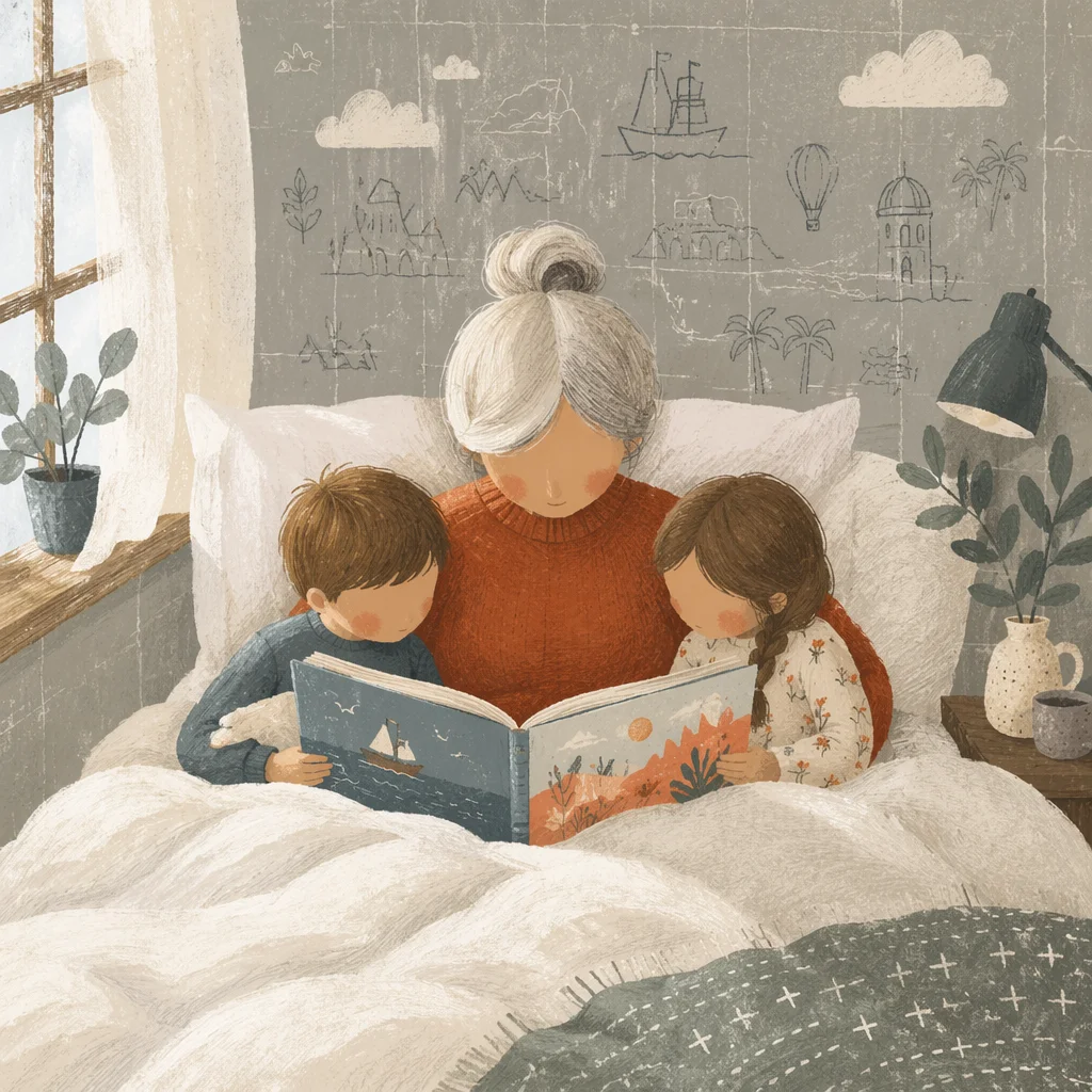 Grandparents Reading with Grandchildren in Bed