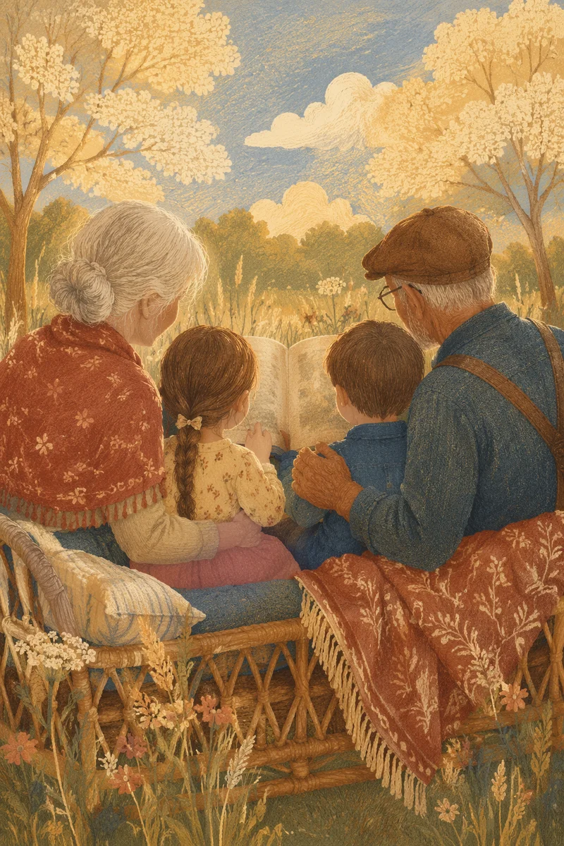 Grandparents and Grandchildren Reading in Meadow