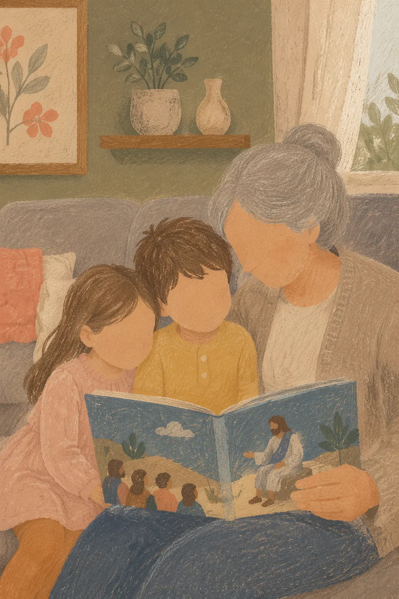Grandmother Reading with Grandchildren at Home