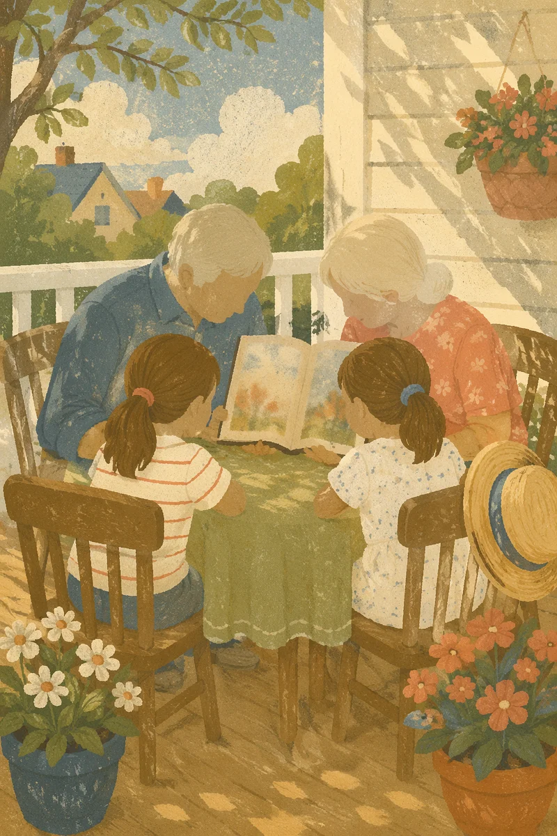 Grandparents and Grandchildren Reading on Porch