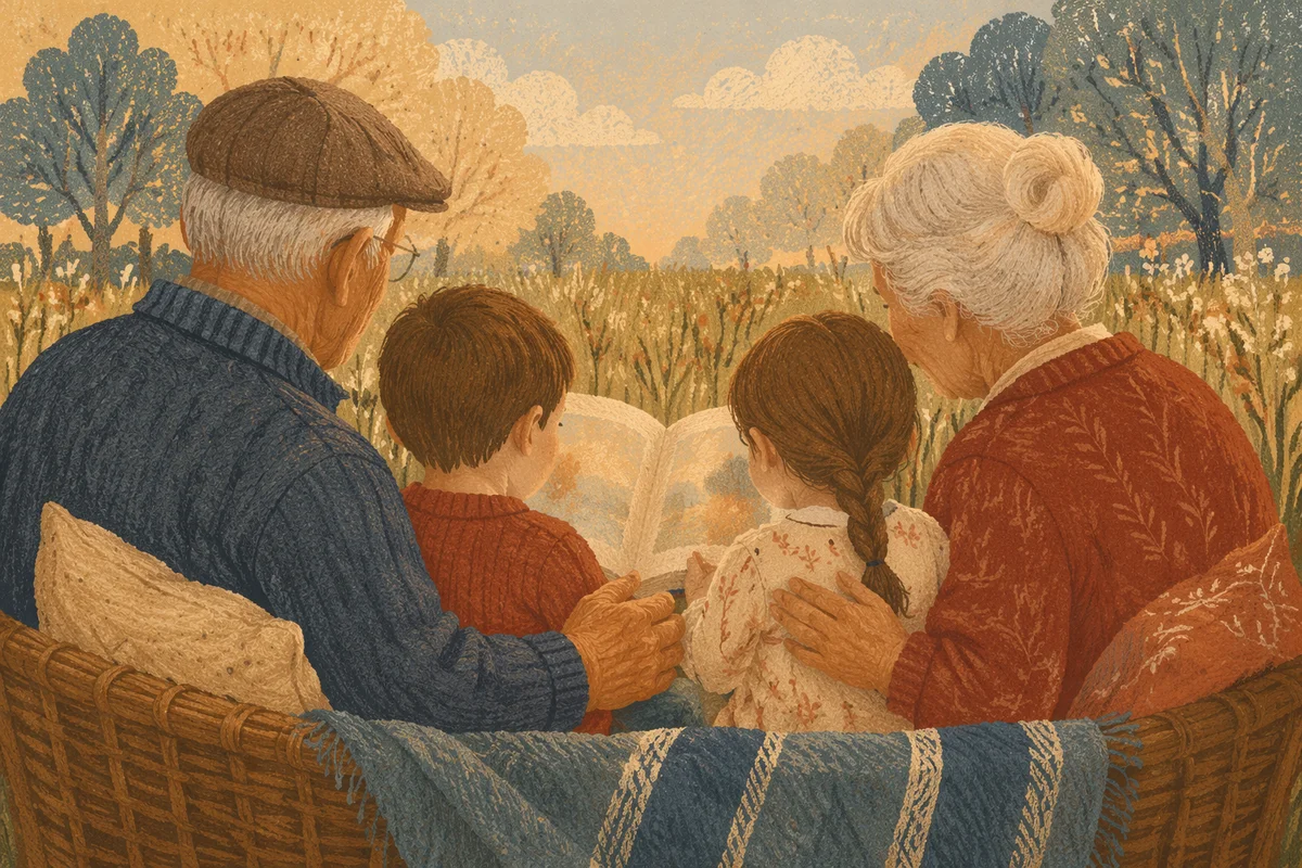 Grandparents and Grandchildren Reading in Meadow