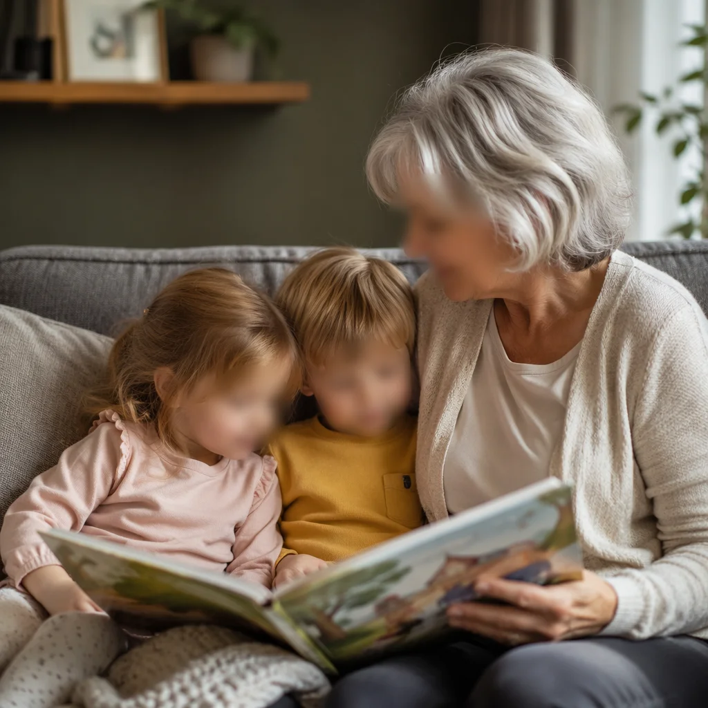 Grandmother Reading with Grandchildren at Home