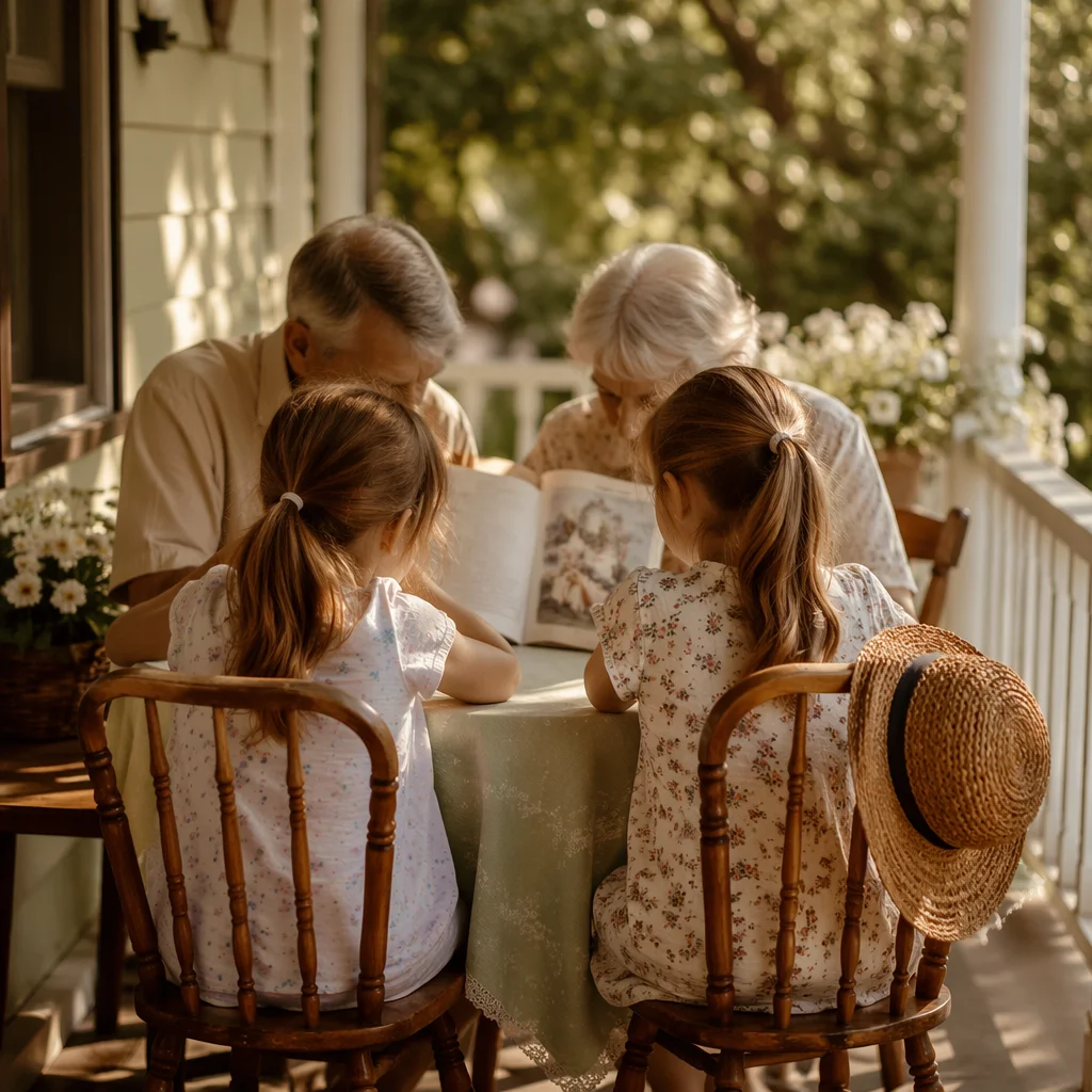 Grandparents and Grandchildren Reading on Porch