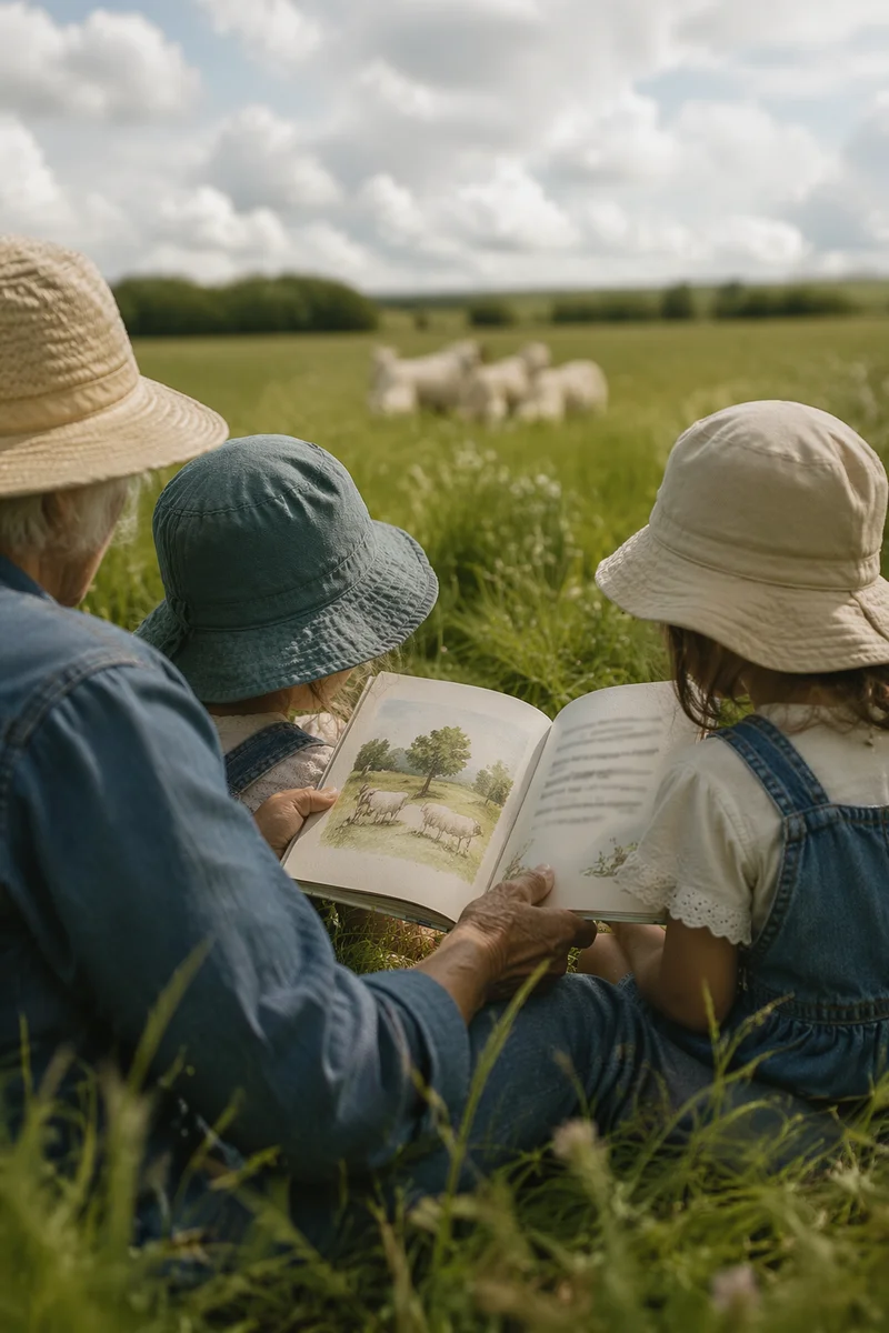 Grandparents and Grandchildren Reading in Meadow