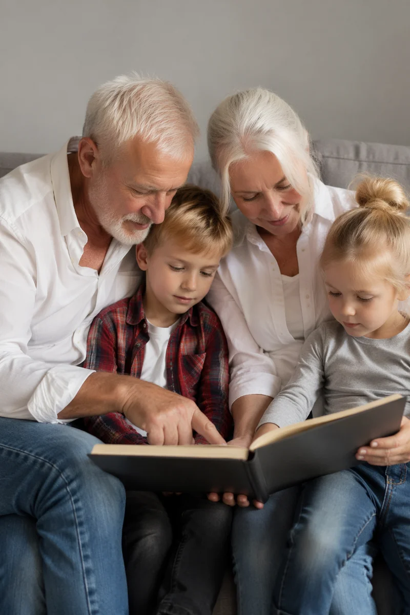 Grandparents Reading With Grandchildren on Sofa