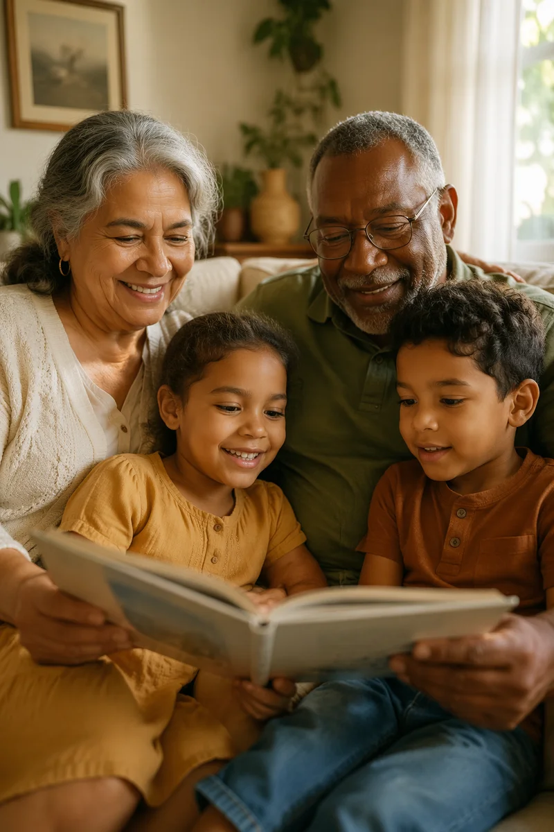 Grandparents and Grandchildren Reading on Sofa