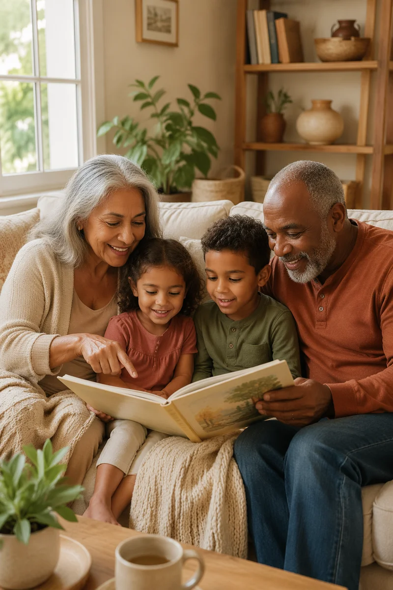 Grandparents and Grandchildren Reading on Sofa