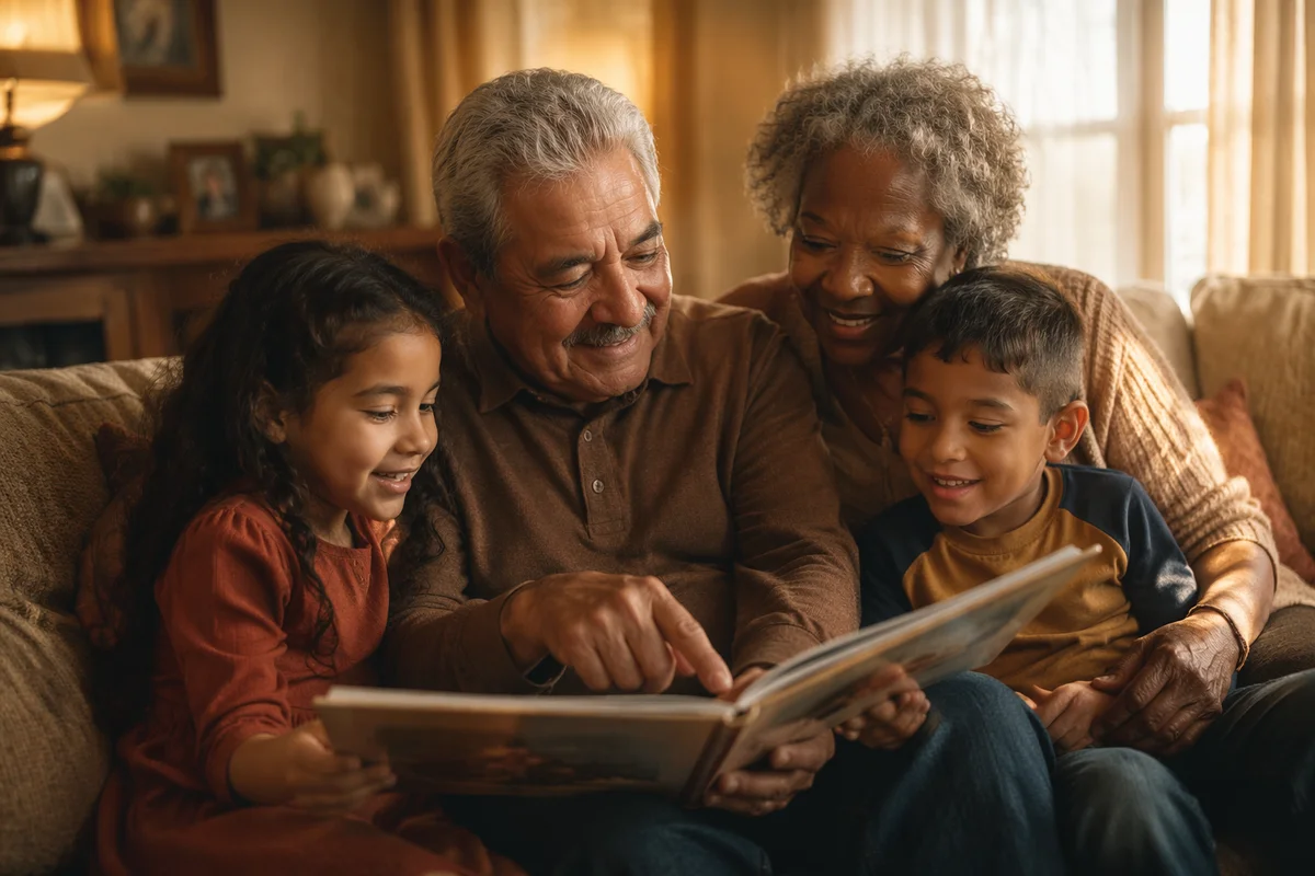 Grandparents Reading Picture Book with Grandchildren