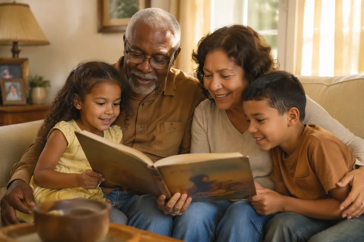 Grandparents Reading with Grandchildren in Living Room