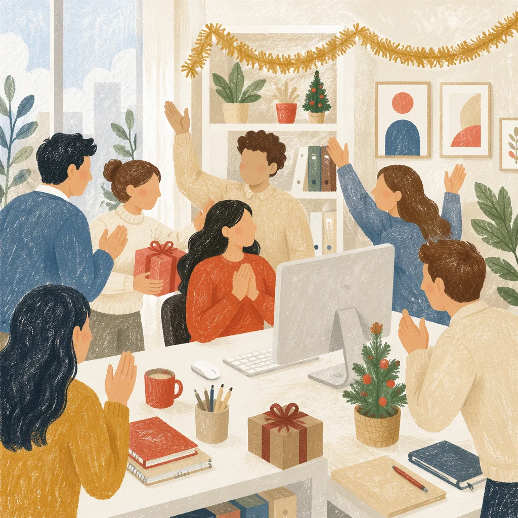 Coworkers Celebrating Holiday Moment in Bright Office