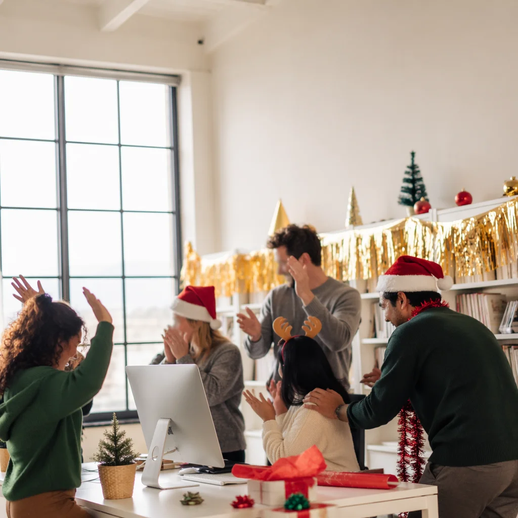Coworkers Celebrating Holiday Moment in Bright Office
