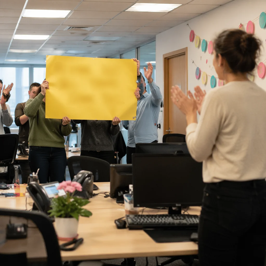 Coworkers Celebrating Surprise in Open Office