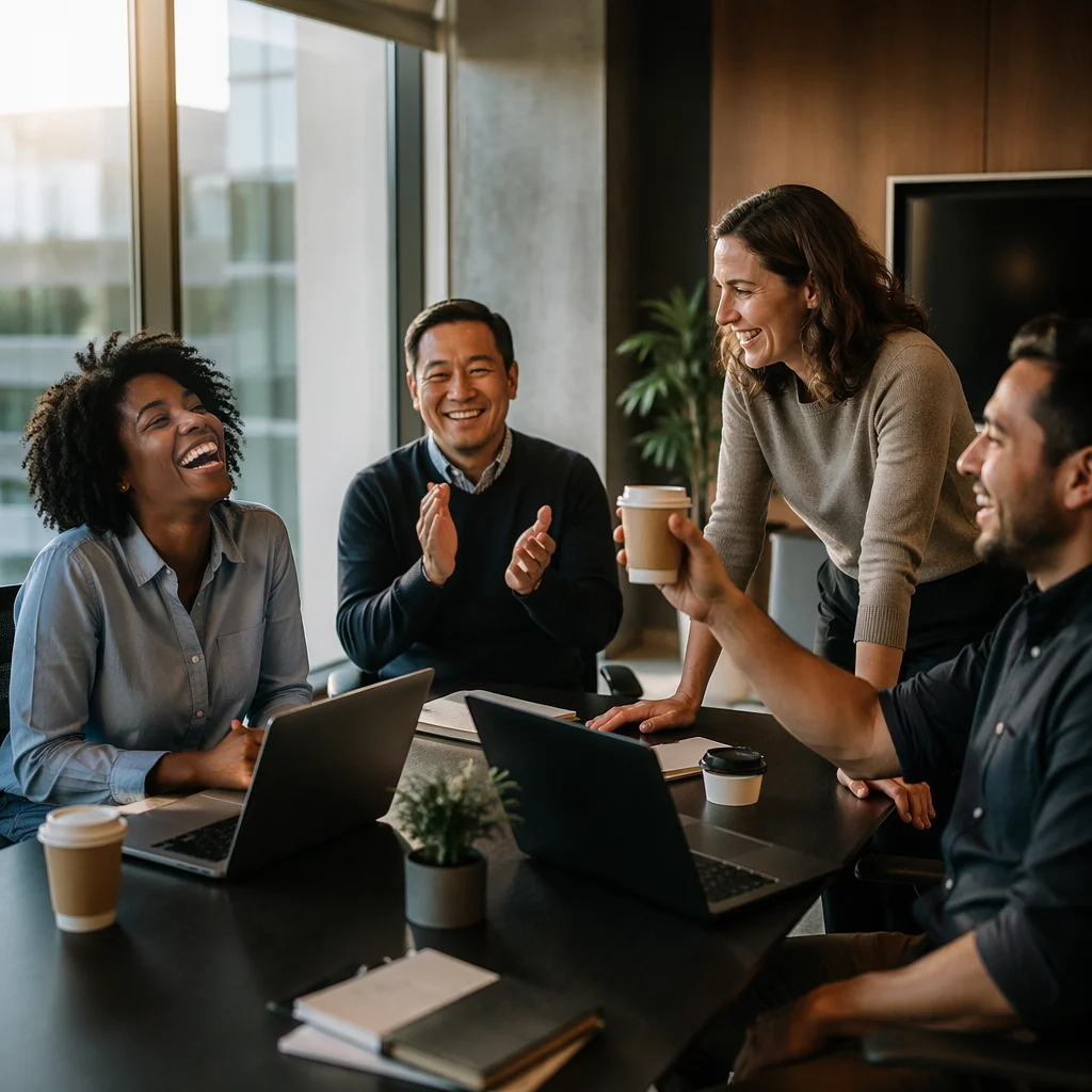 Coworkers Celebrating Success in Modern Office