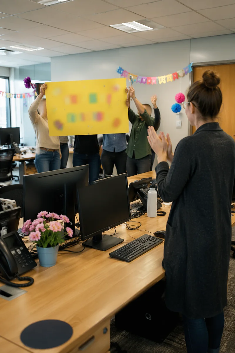 Coworkers Celebrating Surprise in Open Office