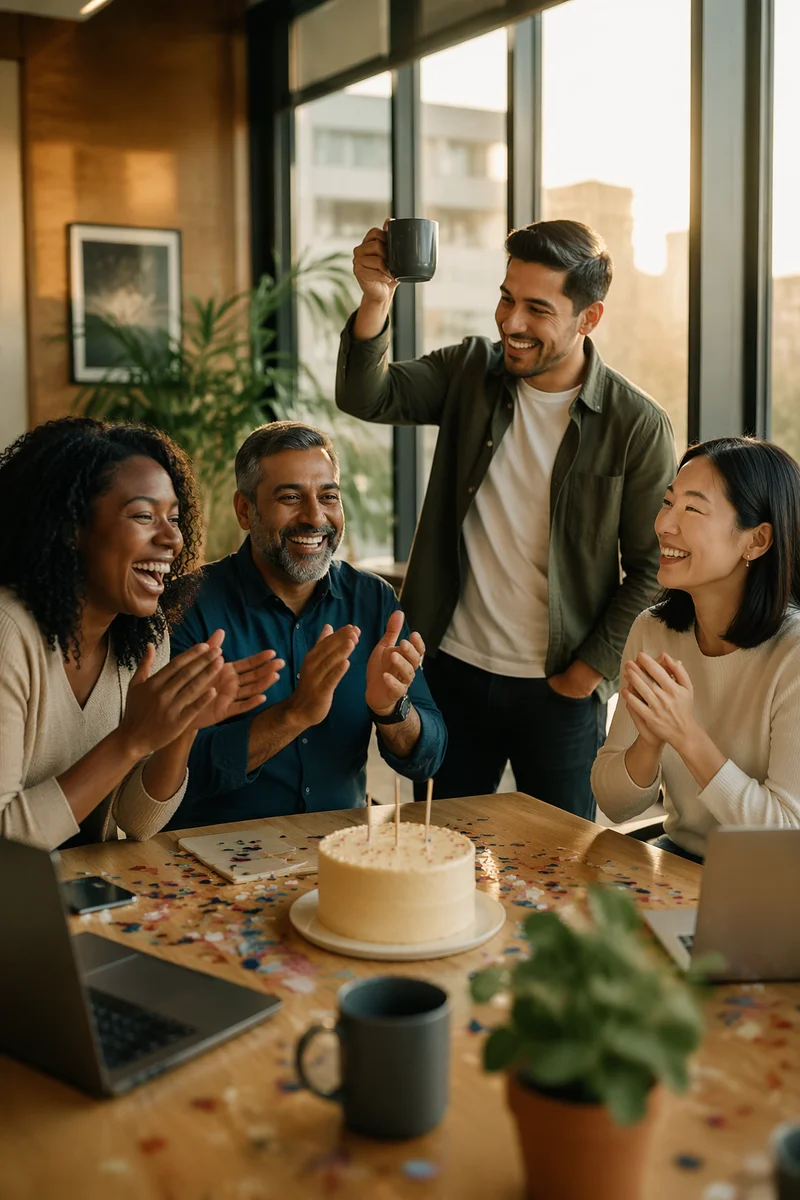 Coworkers Celebrating Team Success in Office Lounge