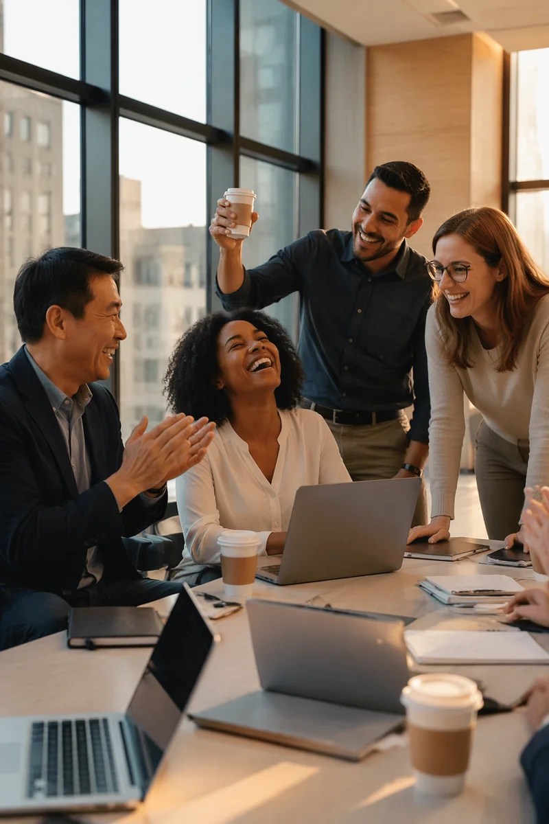 Coworkers Celebrating Success in Modern Office