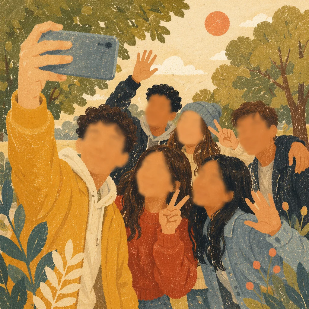 Cheerful Friends Group Selfie in Park